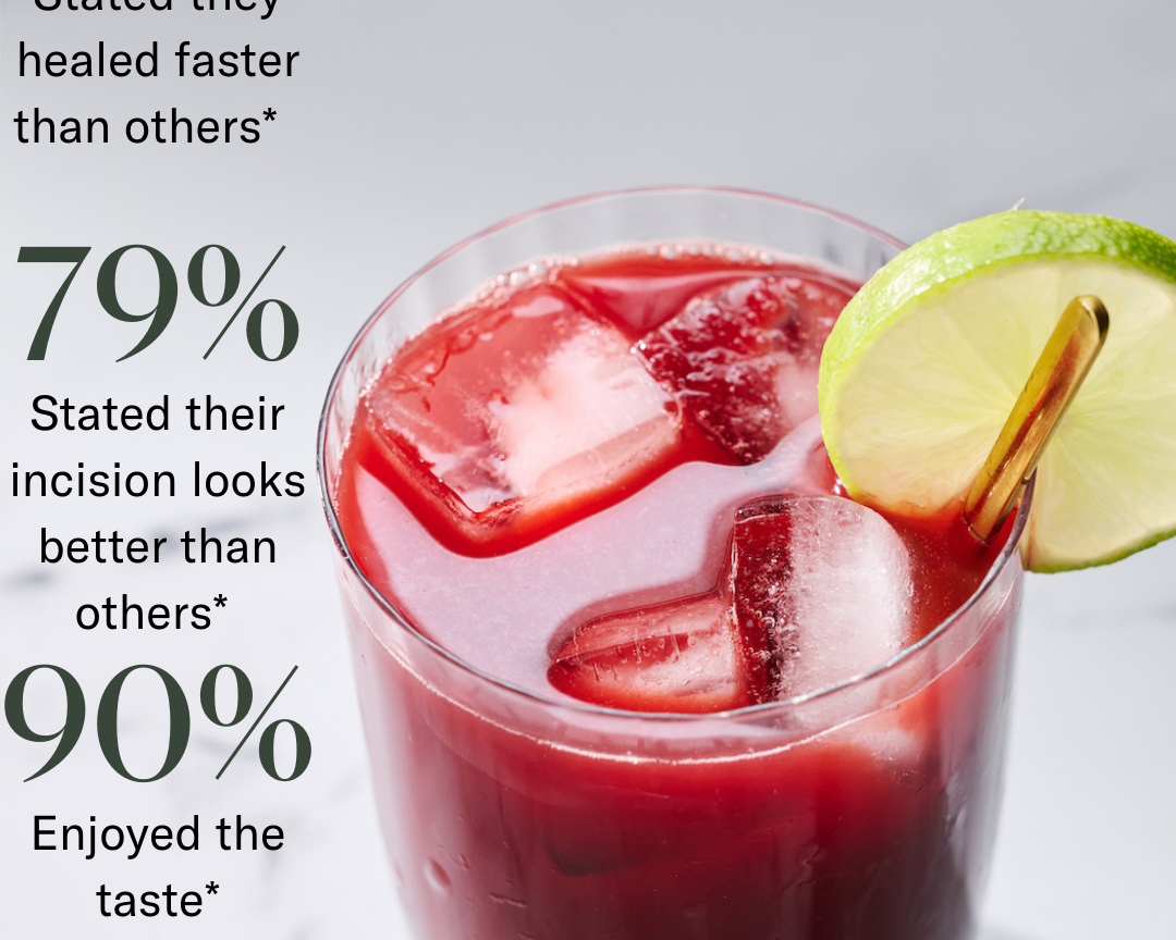 A glass of reddish-purple Before + After Vitals - NutriSurgical Vitamin Powder juice with ice and lime sits on marble, with text showing consumer survey results on incision healing, appearance, and taste satisfaction.