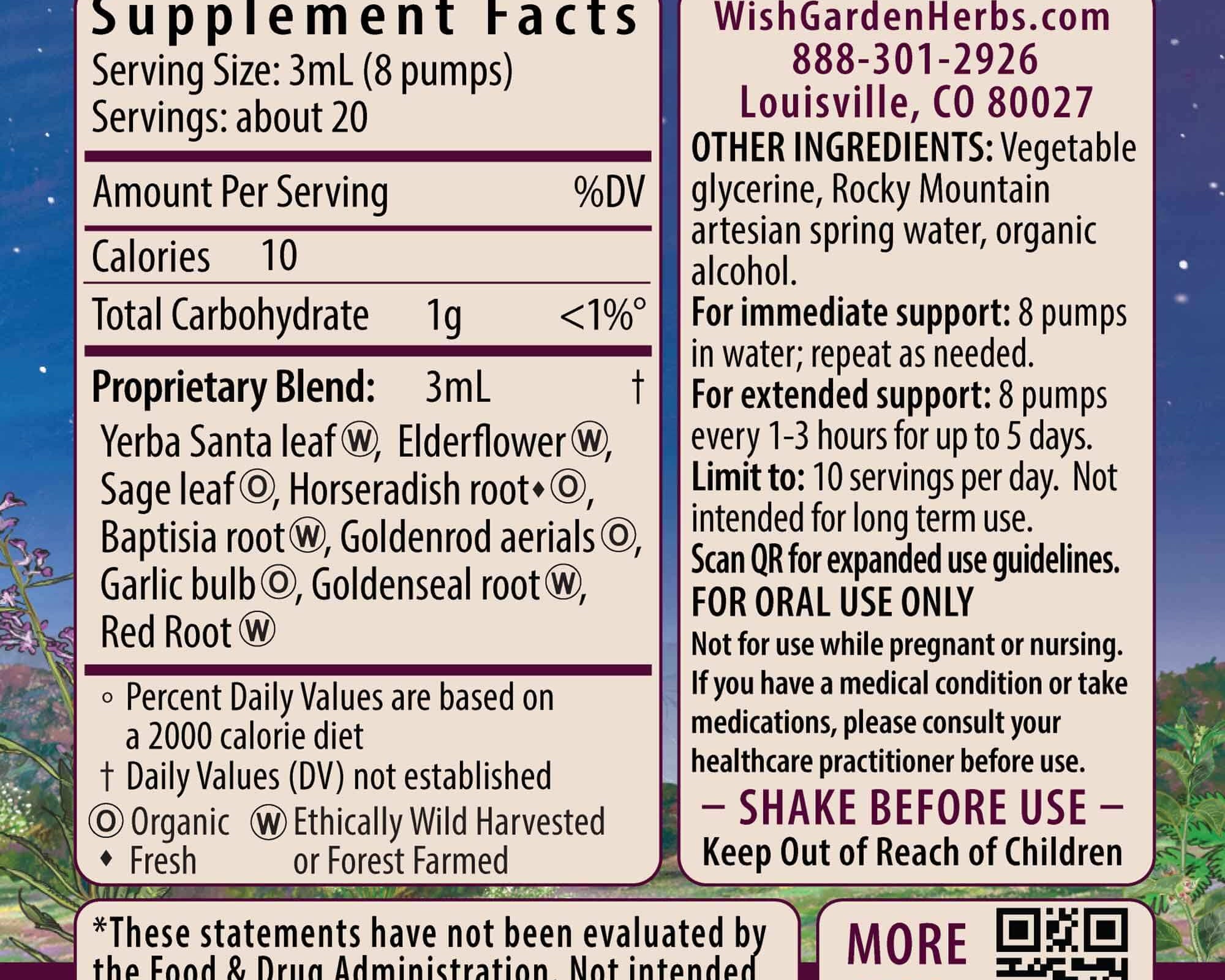 Supplement facts label for WishGarden Herbs’ Kick-Ass Sinus, Move & Soothe: serving size, ingredients, suggested use for upper respiratory support, cautions, company contact info, and FDA disclaimer. Purple and pink gradient stripes in background.