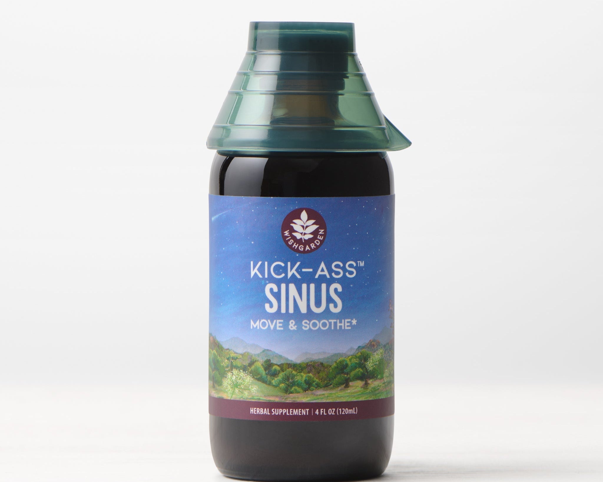A 4 fl oz (120 ml) bottle of Kick-Ass Sinus, Move & Soothe offers herbal sinus and upper respiratory support; it features a blue label with mountains and greenery and comes with a green plastic dosing cap.