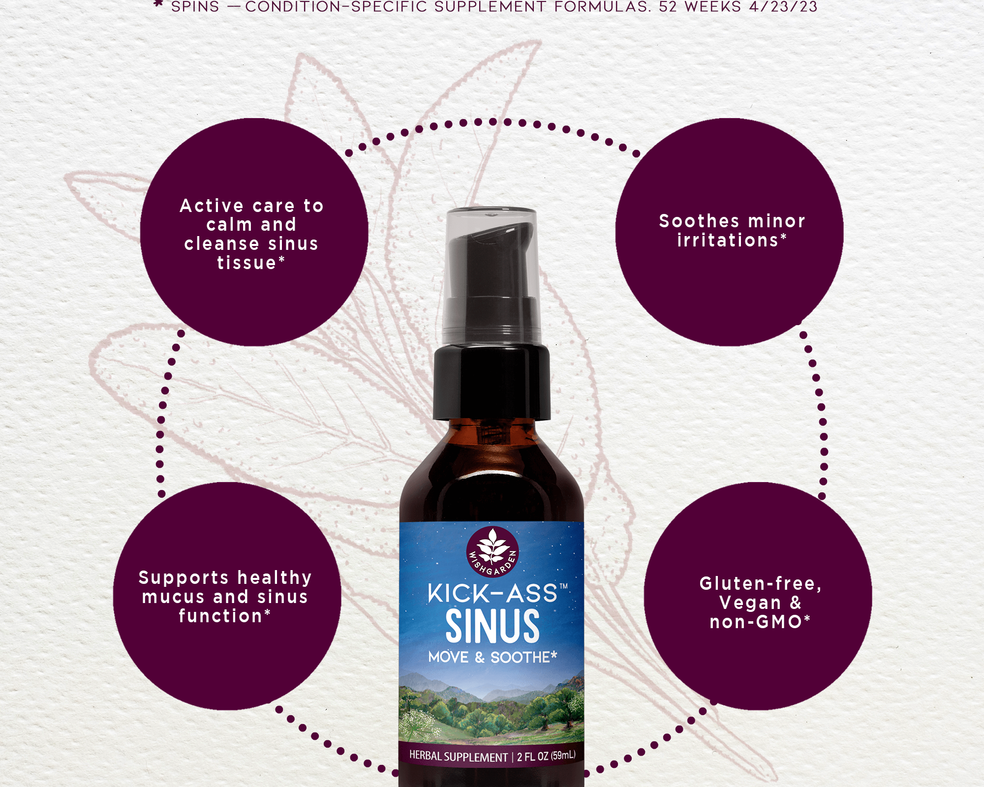 Kick-Ass Sinus, Move & Soothe is centered in the image, with benefits like cleansing sinus tissue, soothing irritations, and upper respiratory support highlighted. The product is also labeled as gluten-free, vegan, and non-GMO.