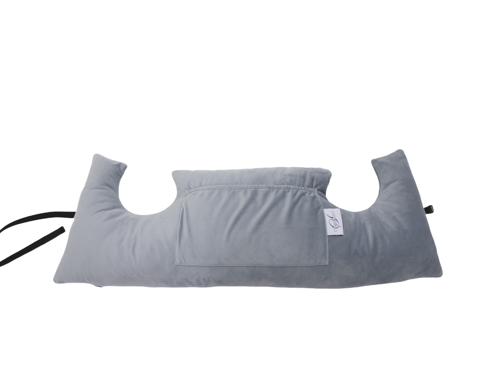 The Chest Pillow is a light gray, U-shaped pillow featuring a central pocket and attached black strap, designed for breast surgery recovery. It is displayed against a white background.