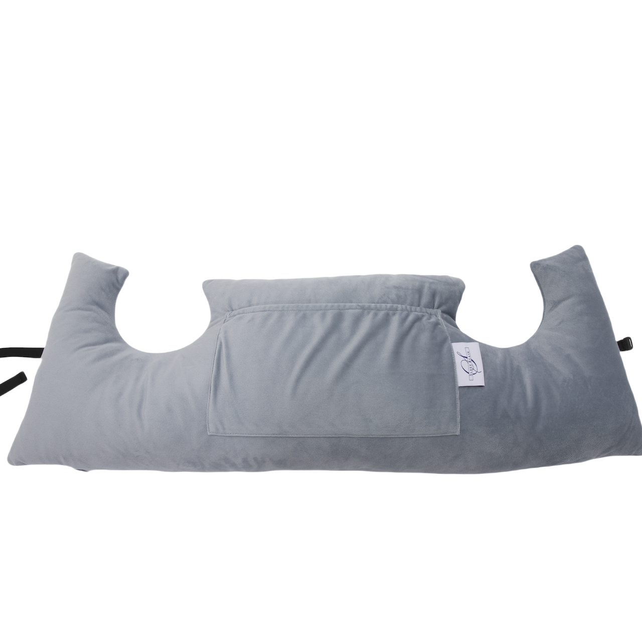 The Chest Pillow is a light gray, U-shaped pillow featuring a central pocket and attached black strap, designed for breast surgery recovery. It is displayed against a white background.