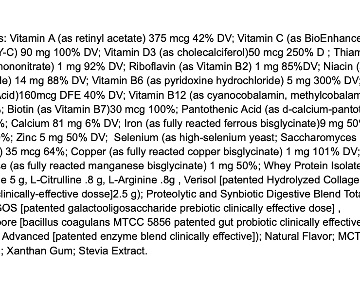 Black text on a white background lists the nutritional ingredients and amounts in Before + After Vitals - NutriSurgical Vitamin Powder, including wound-healing vitamins, minerals, proteins, fibers, and natural flavors in sentence format without bullet points.