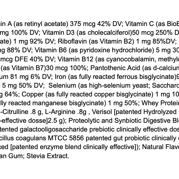 Black text on a white background lists the nutritional ingredients and amounts in Before + After Vitals - NutriSurgical Vitamin Powder, including wound-healing vitamins, minerals, proteins, fibers, and natural flavors in sentence format without bullet points.
