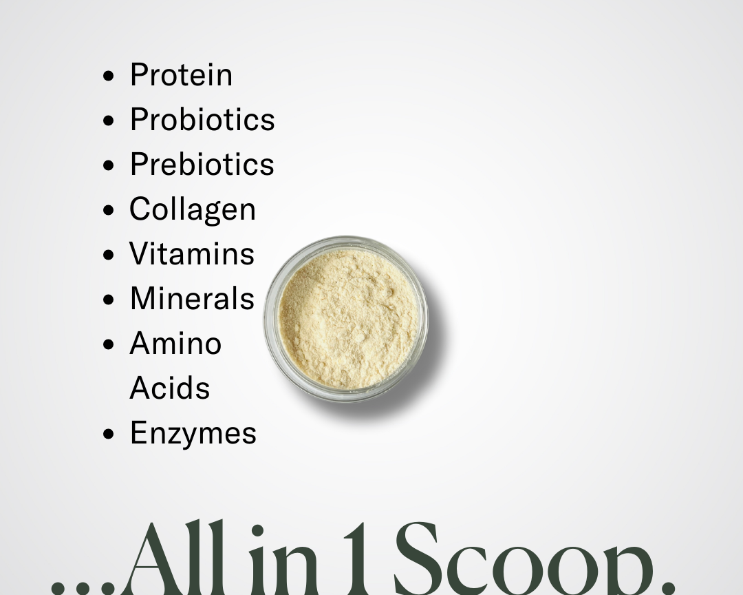 A scoop of Before + After Vitals - NutriSurgical Vitamin Powder is surrounded by health ingredients like protein, probiotics, prebiotics, and vitamins for wound healing. Text: Imagine Your... All in 1 Scoop. We Did It.