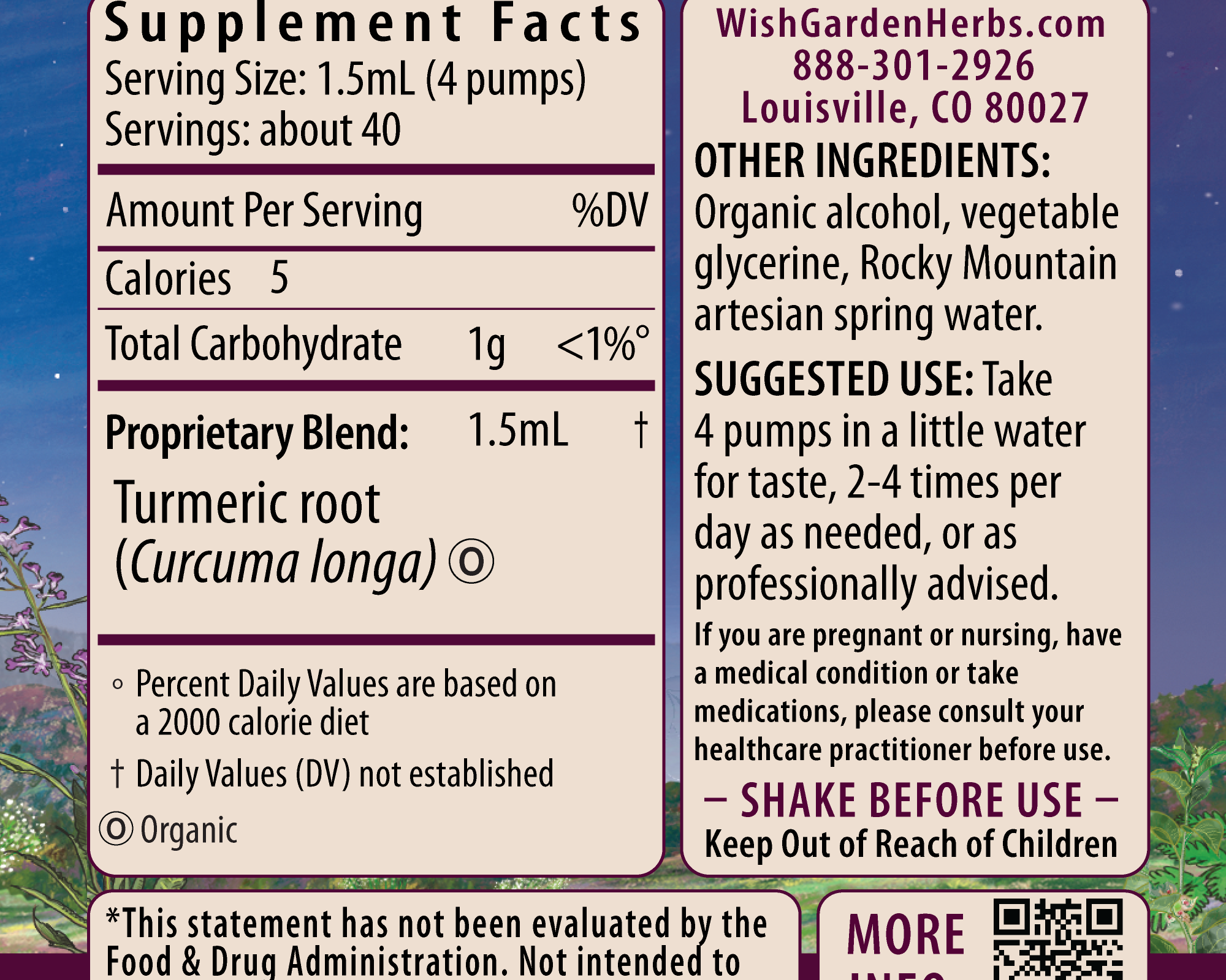 Turmeric supplement facts label for joint health. Use 4 pumps in water, up to twice daily. Ingredients, dosage, contact info, and warnings shown on a purple background with decorative accents.