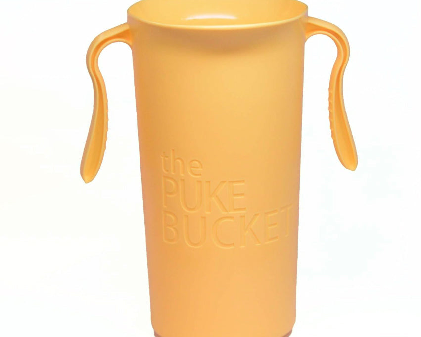 The Puke Bucket (3.0L) - A Reusable Container for Vomiting is a tall, orange plastic container featuring an anti-splash apparatus and two large, curved side handles, shown against a plain white background.