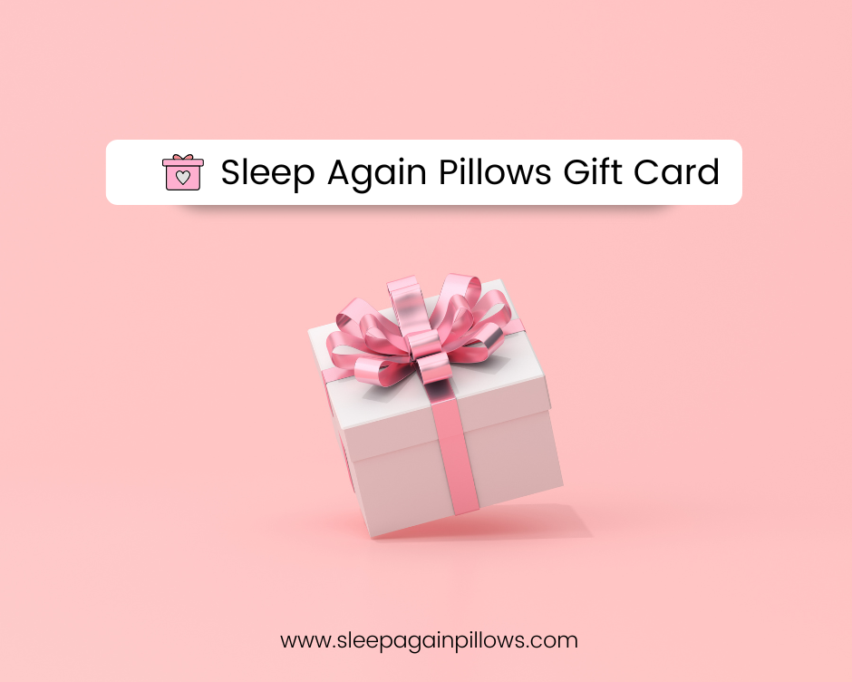 A white gift box with a pink ribbon sits on a pink background. Above, a banner reads "Gift Cards from $50," symbolizing comfort. At the bottom, www.sleepagainpillows.com appears next to a charming gift icon.