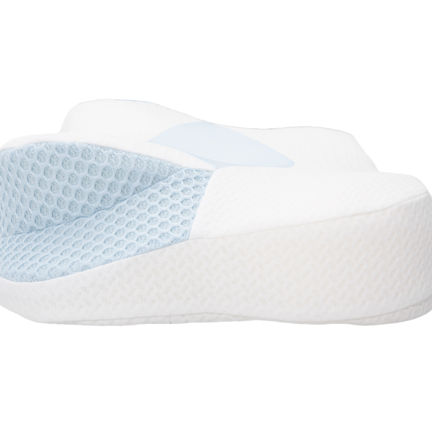 The Cervical Head Pillow with Bamboo Cover is a white and light blue orthopedic memory foam pillow featuring a textured, breathable mesh side panel, shown on a white background.