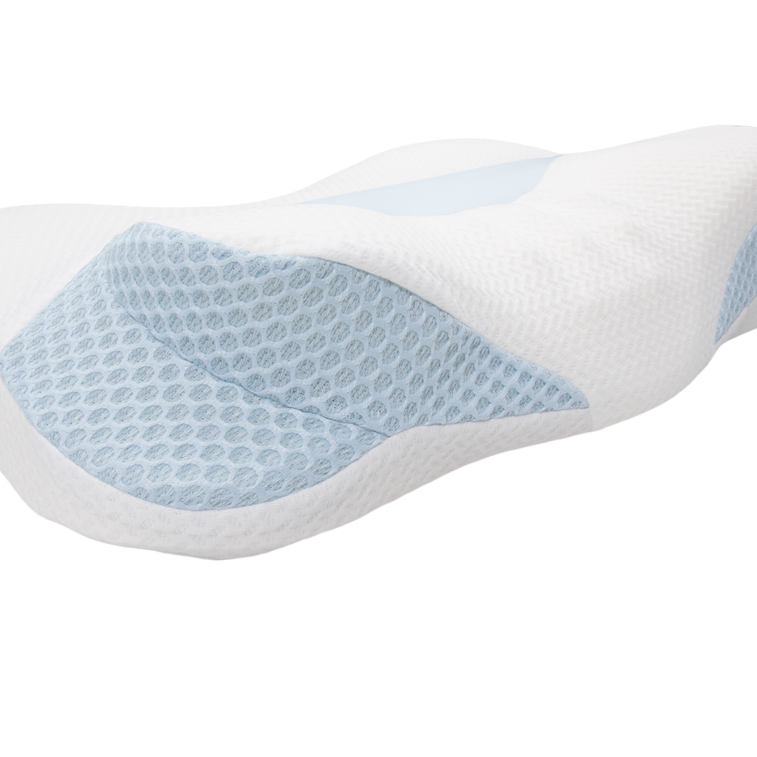 The Cervical Head Pillow with Bamboo Cover features contoured ergonomic memory foam, a textured light blue mesh section, and a white bamboo cover, designed for neck and head support, shown on a plain white background.