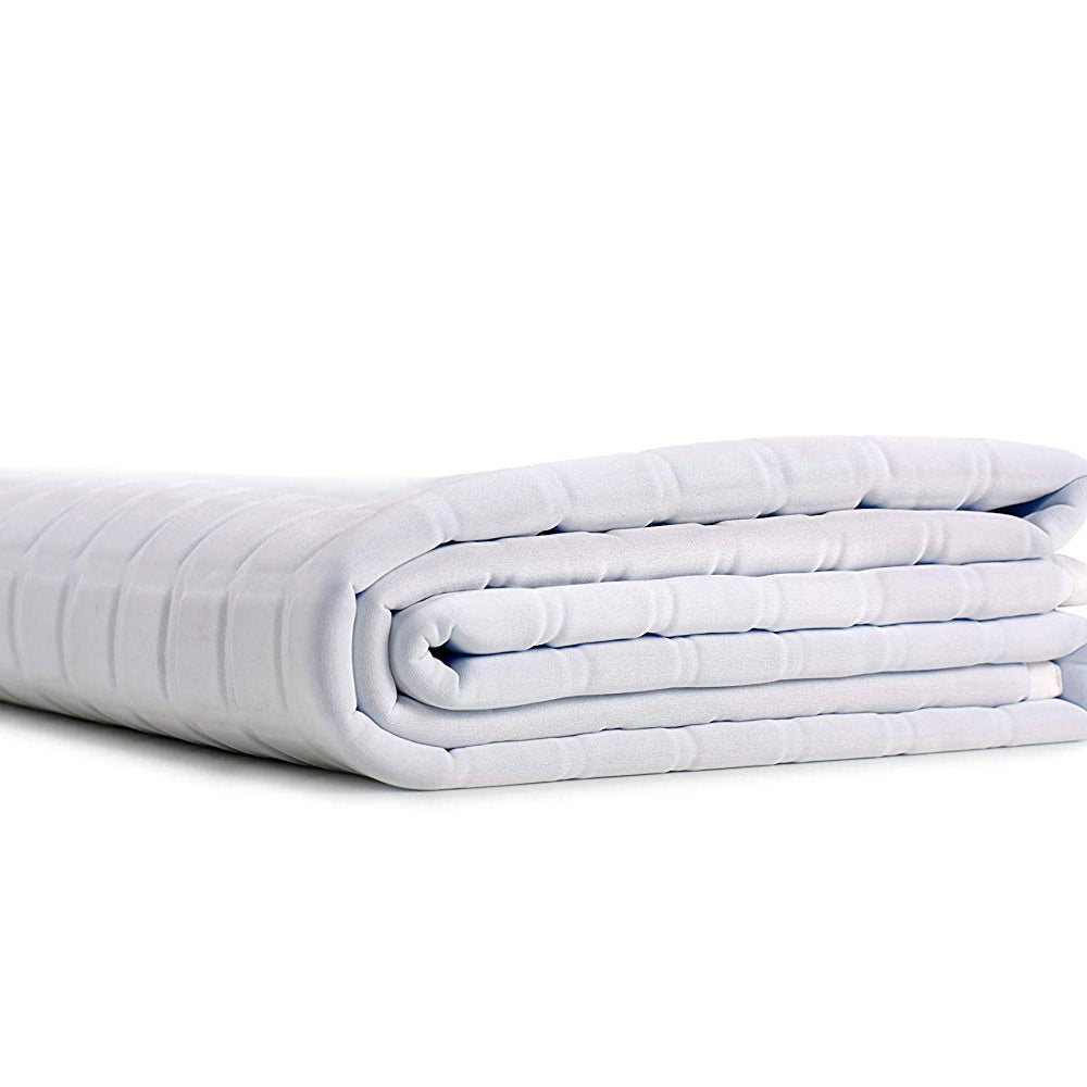 A neatly folded white quilted mattress protector on a white background pairs perfectly with the Final Sale: Opulence Glacier Blanket | Cooling & Weighted for a comfortable and restful night's sleep.