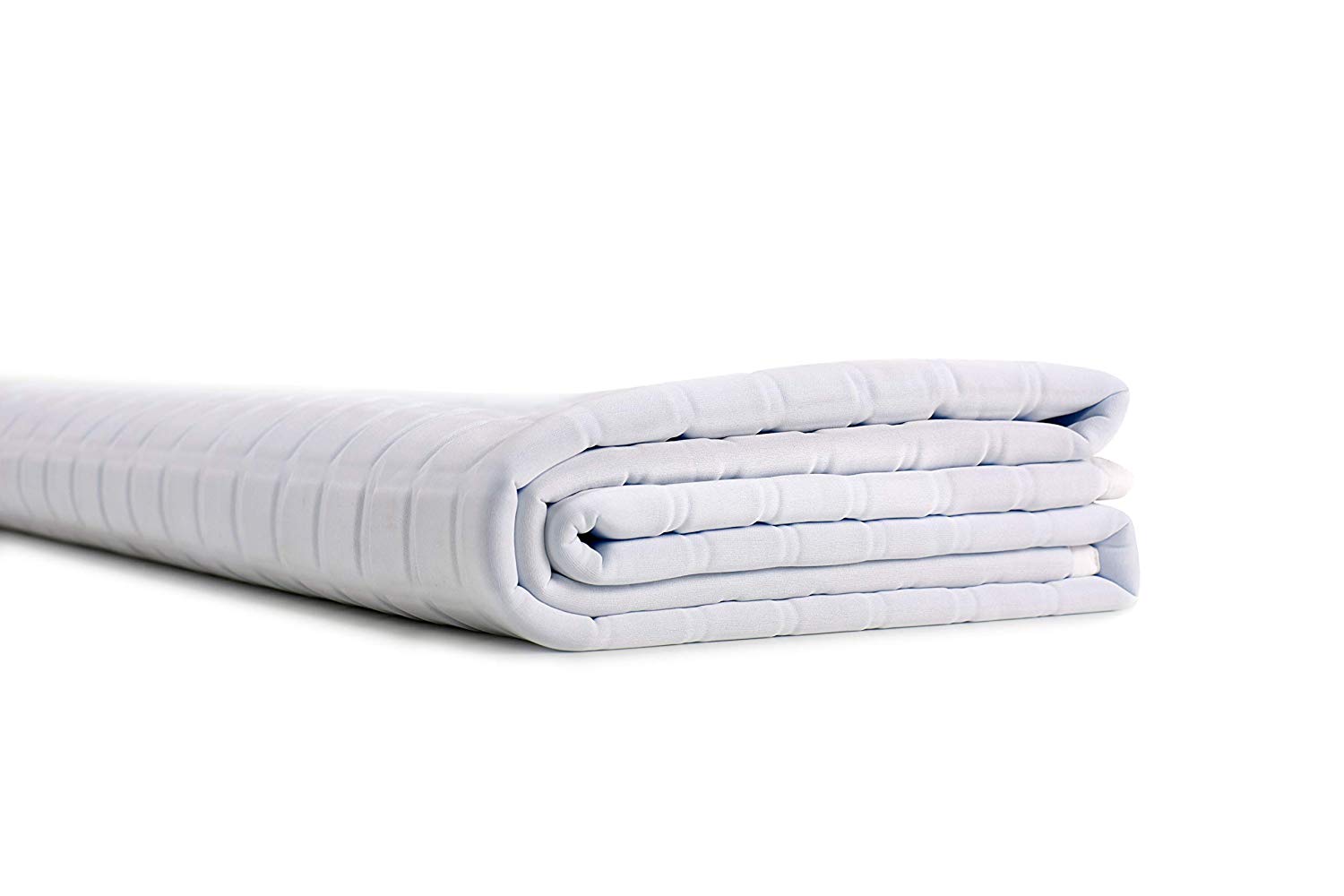 A neatly folded white quilted mattress protector on a white background pairs perfectly with the Final Sale: Opulence Glacier Blanket | Cooling & Weighted for a comfortable and restful night's sleep.