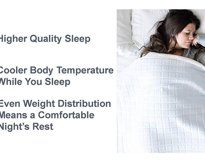A woman sleeps on her side under the Final Sale: Opulence Glacier Blanket | Cooling & Weighted. Icons highlight its benefits: improved sleep quality, cooler body temperature, and evenly distributed weight for comfort.