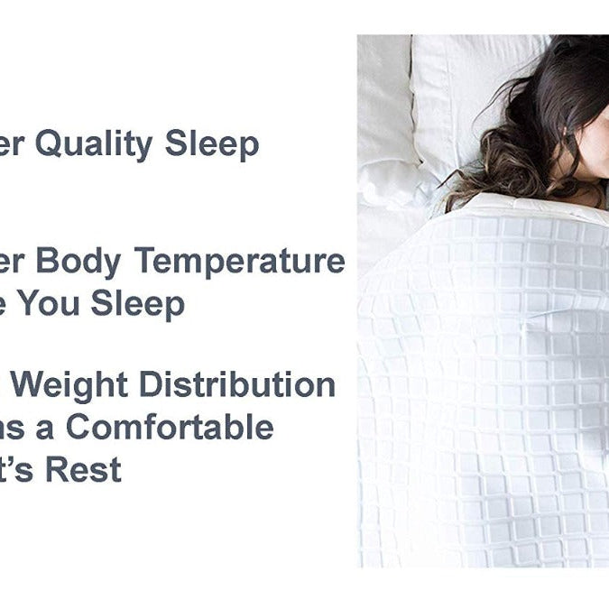 A woman sleeps on her side under the Final Sale: Opulence Glacier Blanket | Cooling & Weighted. Icons highlight its benefits: improved sleep quality, cooler body temperature, and evenly distributed weight for comfort.