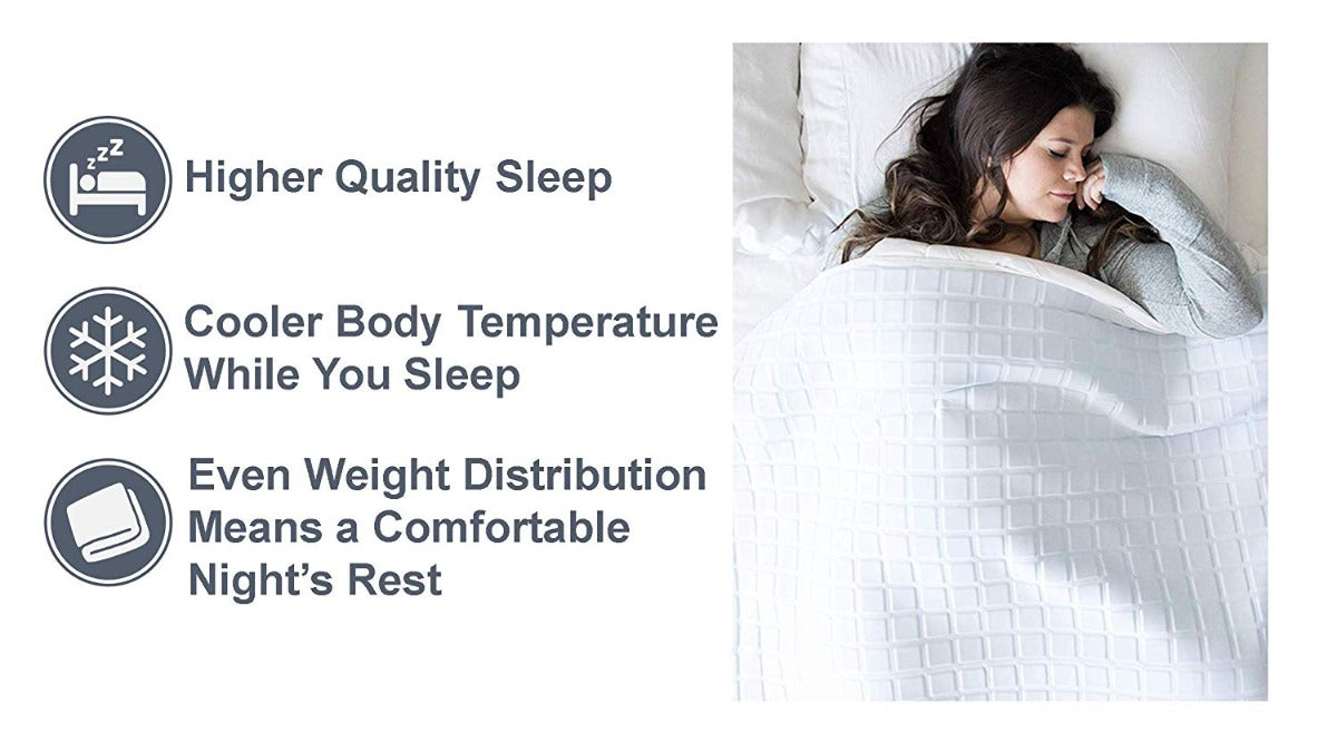 A woman sleeps on her side under the Final Sale: Opulence Glacier Blanket | Cooling & Weighted. Icons highlight its benefits: improved sleep quality, cooler body temperature, and evenly distributed weight for comfort.