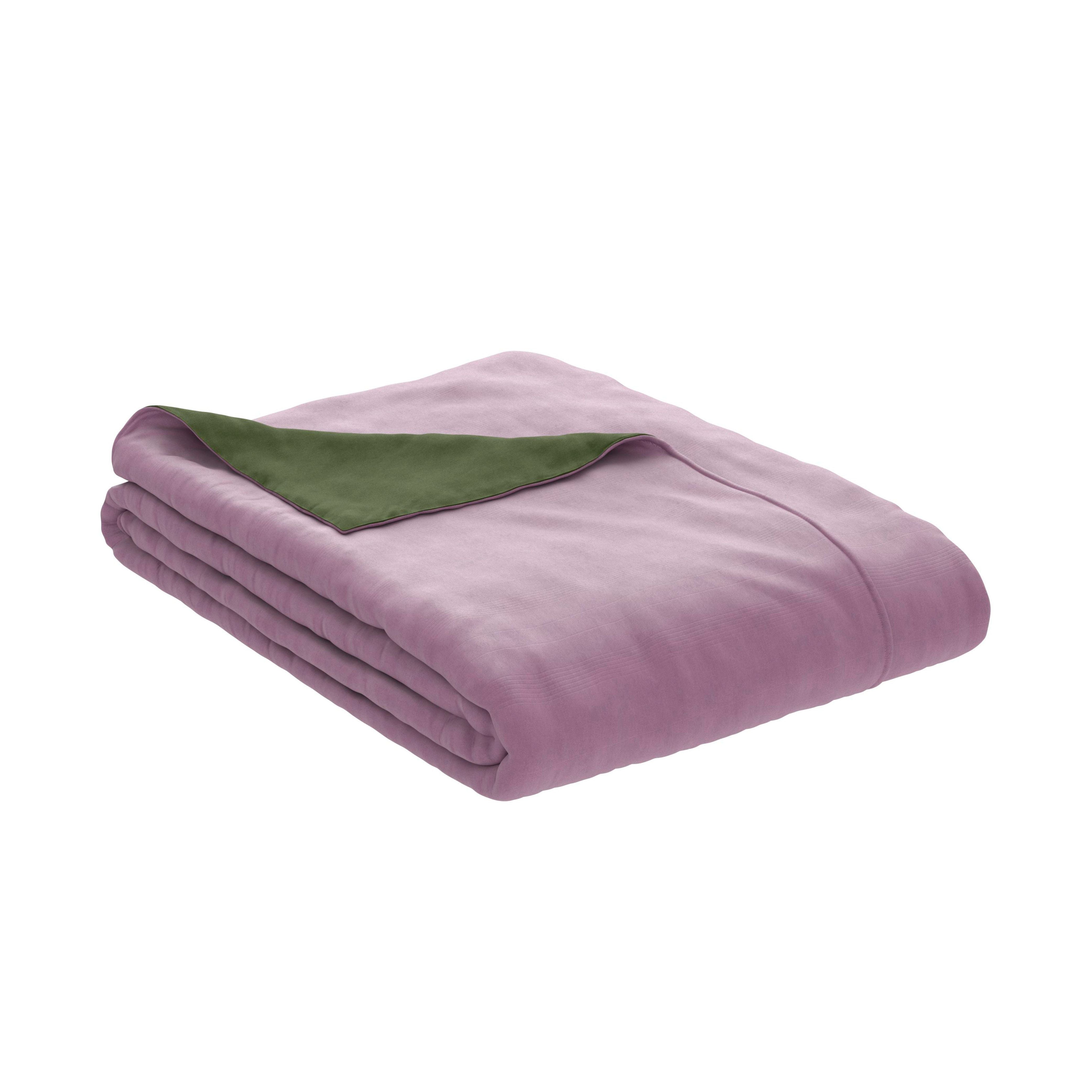 The PureCare Duvet Cover | Cooling Bamboo is dual-sided, featuring a soft light purple exterior and dark green interior. Displayed neatly folded on a white background with one corner turned over to reveal the contrasting inner color.