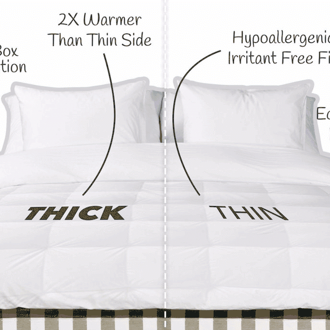 A Twovet Comforter split in half reveals a THICK side (2X warmer, baffle box) and a THIN hypoallergenic, irritant-free fill made from eco-friendly materials—perfect as an eco-friendly choice for couples.