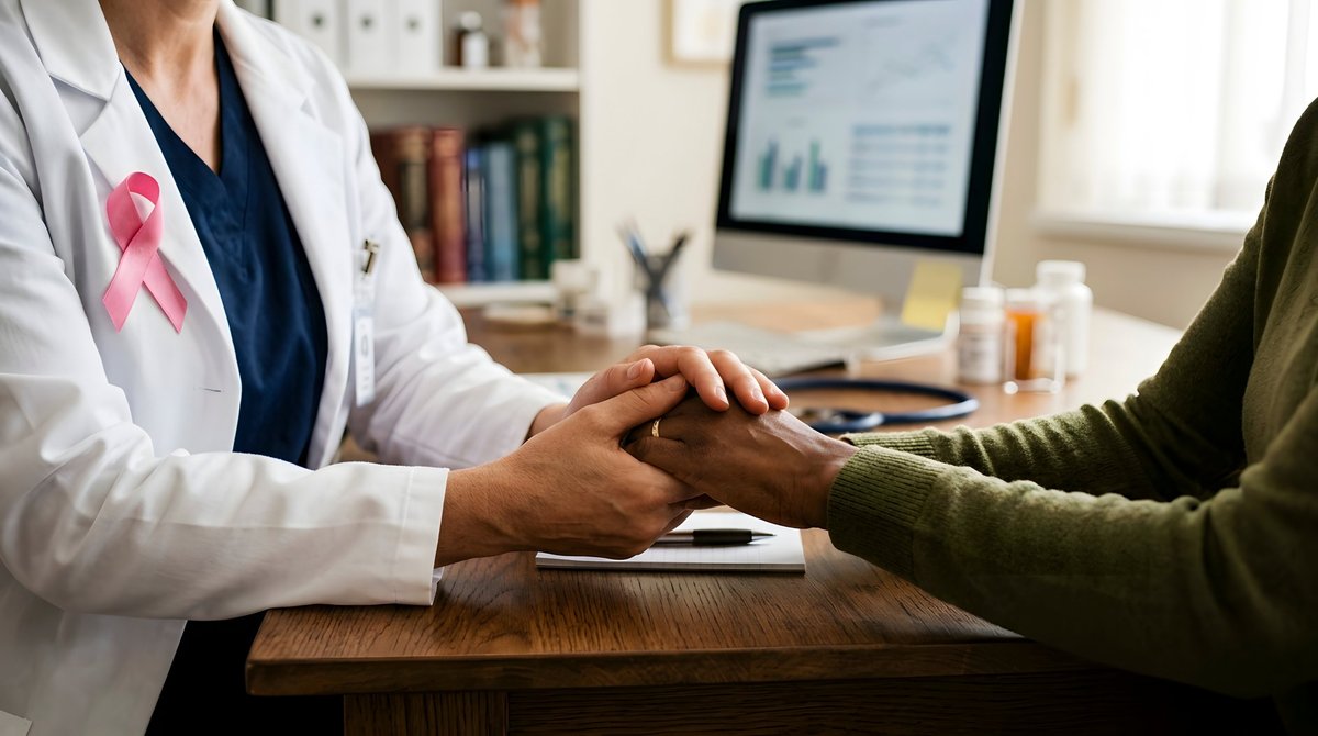 Doctor holding womans hand at desk . 