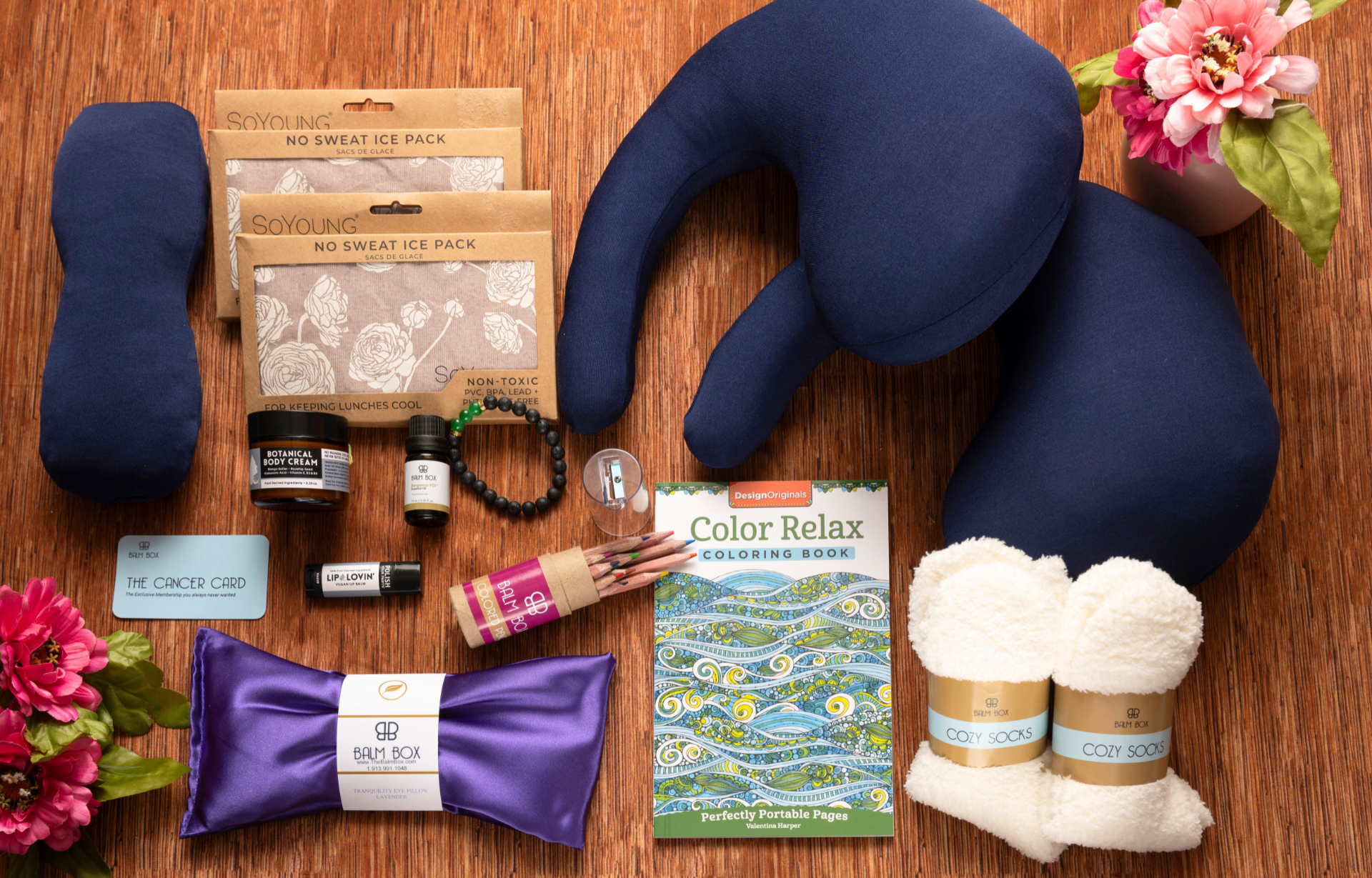 A detail image of a mastectomy care package from the Balm Box, one of our top-rated recovery support partners offering healing post-surgery products.