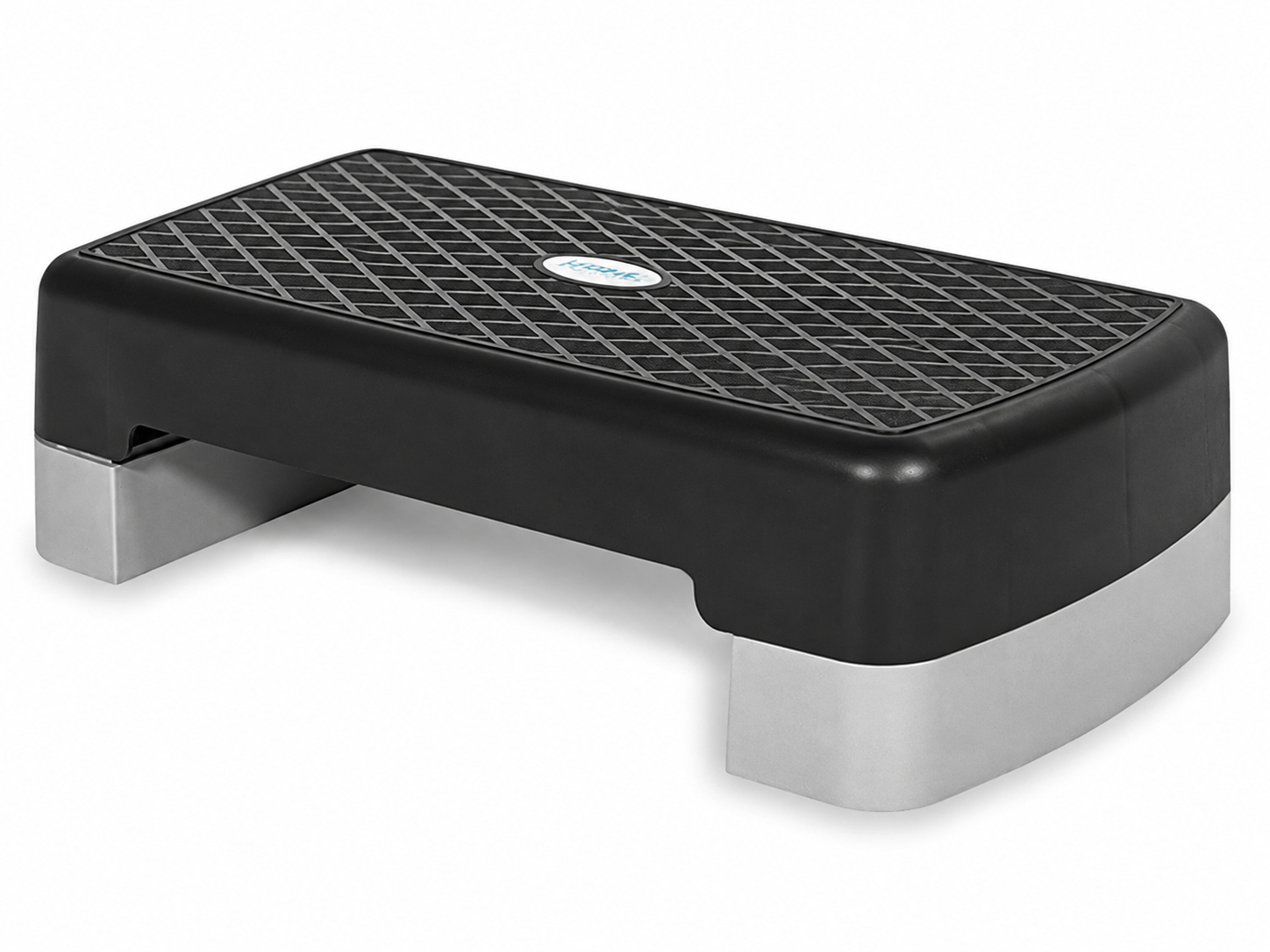 The Bedside Step Stool is a black and gray aerobic step platform featuring a textured, non-slip surface, perfect for fitness and exercise routines—and its versatile design allows it to double as a sturdy bedside step stool, offering enhanced safety and convenience.