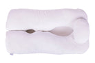 The "Two Side Pillows Sold Separately" is a white ergonomic pillow with a contoured design, central groove, and elevated curved side—ideal for contoured bedding or side sleeping—shown on a plain white background.