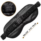 The Mulberry Silk Sleep Eye Mask with Silk Covered Elastic Strap is shown in black. Care instructions are visible inside. An arrow below indicates the size is 8.25 x 3.9 inches and states Fits All.