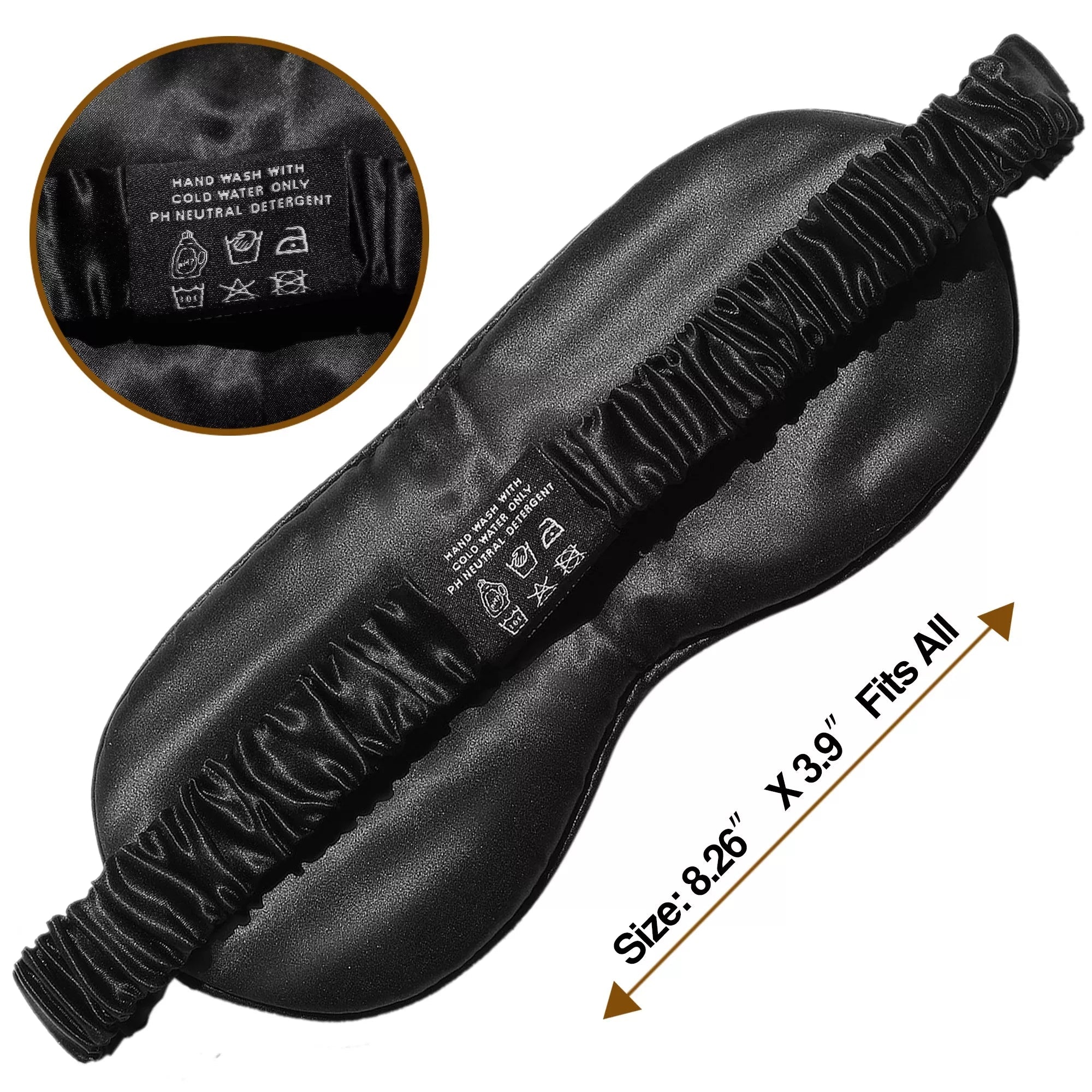The Mulberry Silk Sleep Eye Mask with Silk Covered Elastic Strap is shown in black. Care instructions are visible inside. An arrow below indicates the size is 8.25 x 3.9 inches and states Fits All.