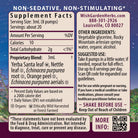 Kick-Ass Allergy, Seasonal Rescue supplement facts label lists yerba santa, nettle leaf, echinacea root and purpurea root, orange peel. Includes usage instructions and safety warnings for herbal allergy support.