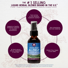 A bottle of Kick-Ass Allergy, Seasonal Rescue herbal tincture sits on a light background, encircled by text emphasizing fast-acting, non-drowsy, natural allergy relief and gluten-free benefits.