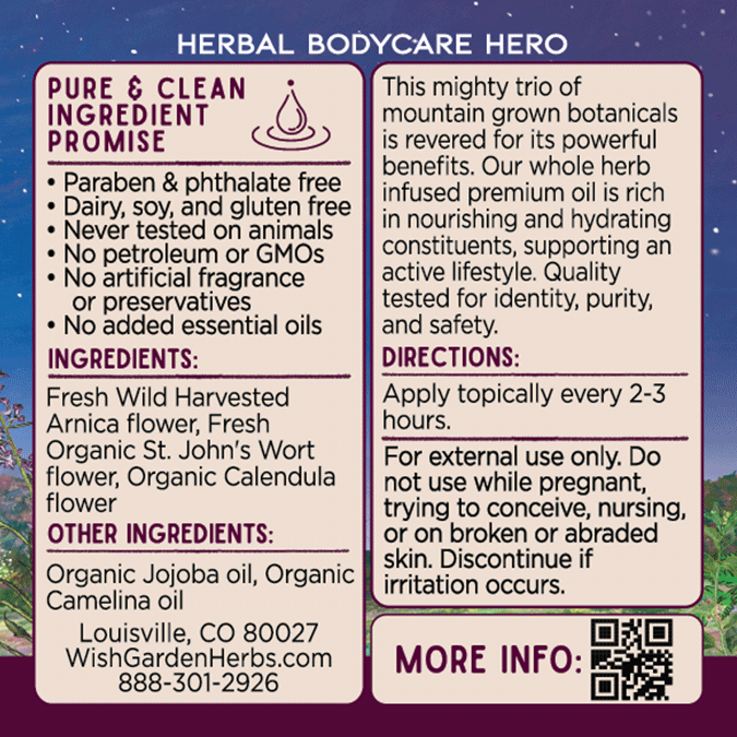 Restorative Oil - Arnica, St. John's Wort & Calendula label lists pure ingredients, usage directions, safety info, contact details, and a QR code to learn more about this natural herb-infused body oil for skincare.