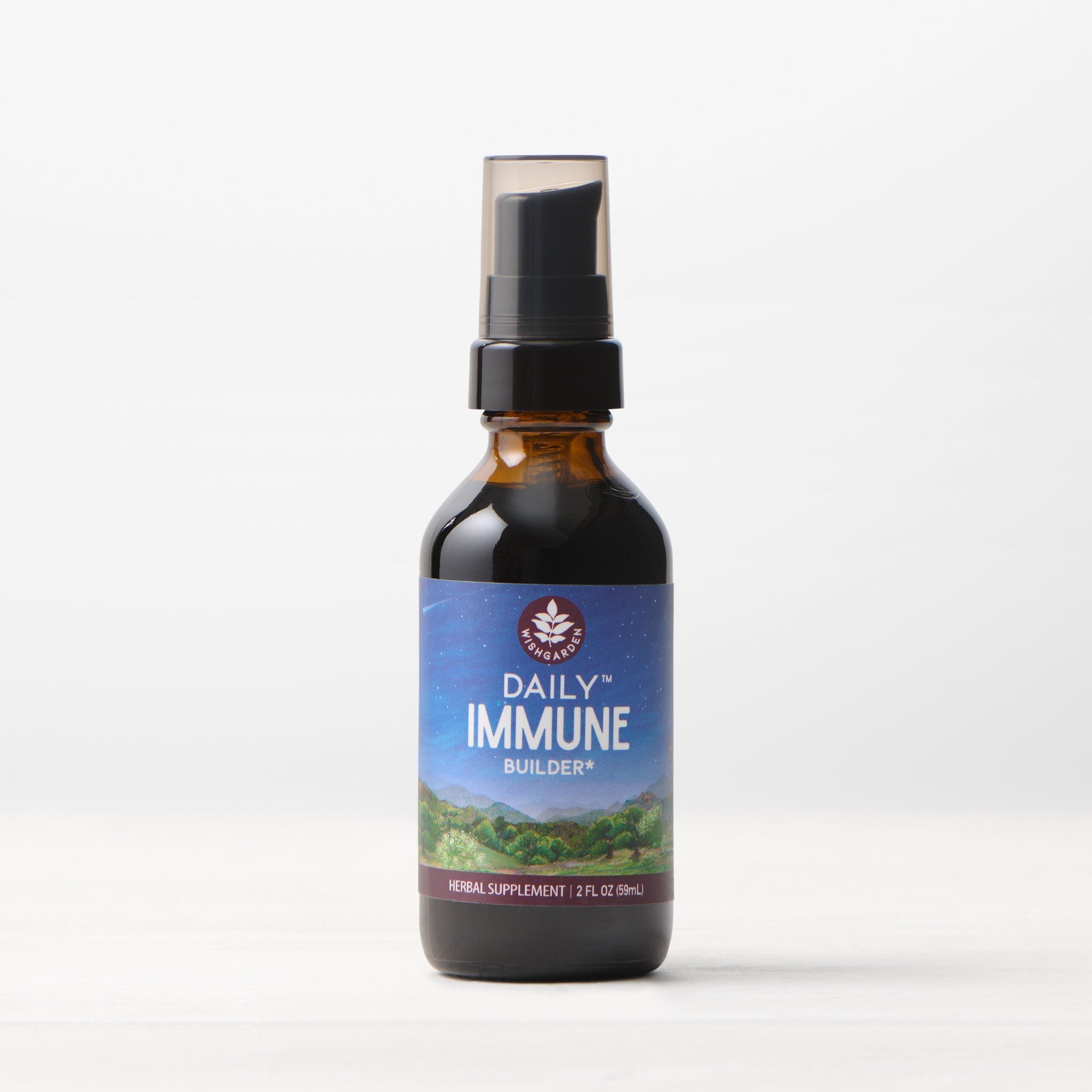 A 2 fl oz brown glass spray bottle of Daily Immune Builder herbal supplement with a blue and green label, leaf logo, and nature scene emphasizing daily immune support, displayed on a plain white background.