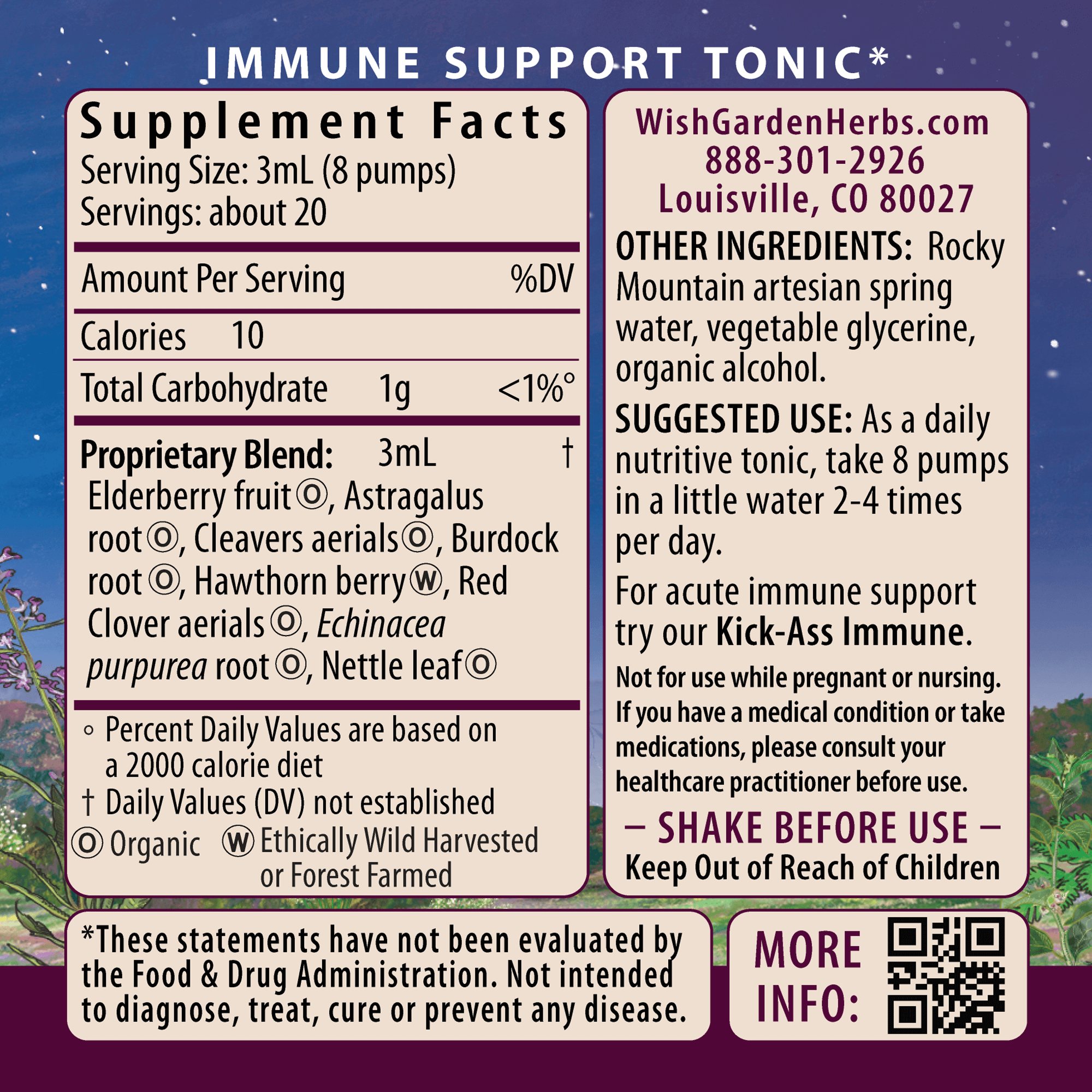 Daily Immune Builder supplement facts label includes ingredients, serving size, directions, suggested use, immune support warnings, contact info, shake before use instructions, and QR codes for more details.
