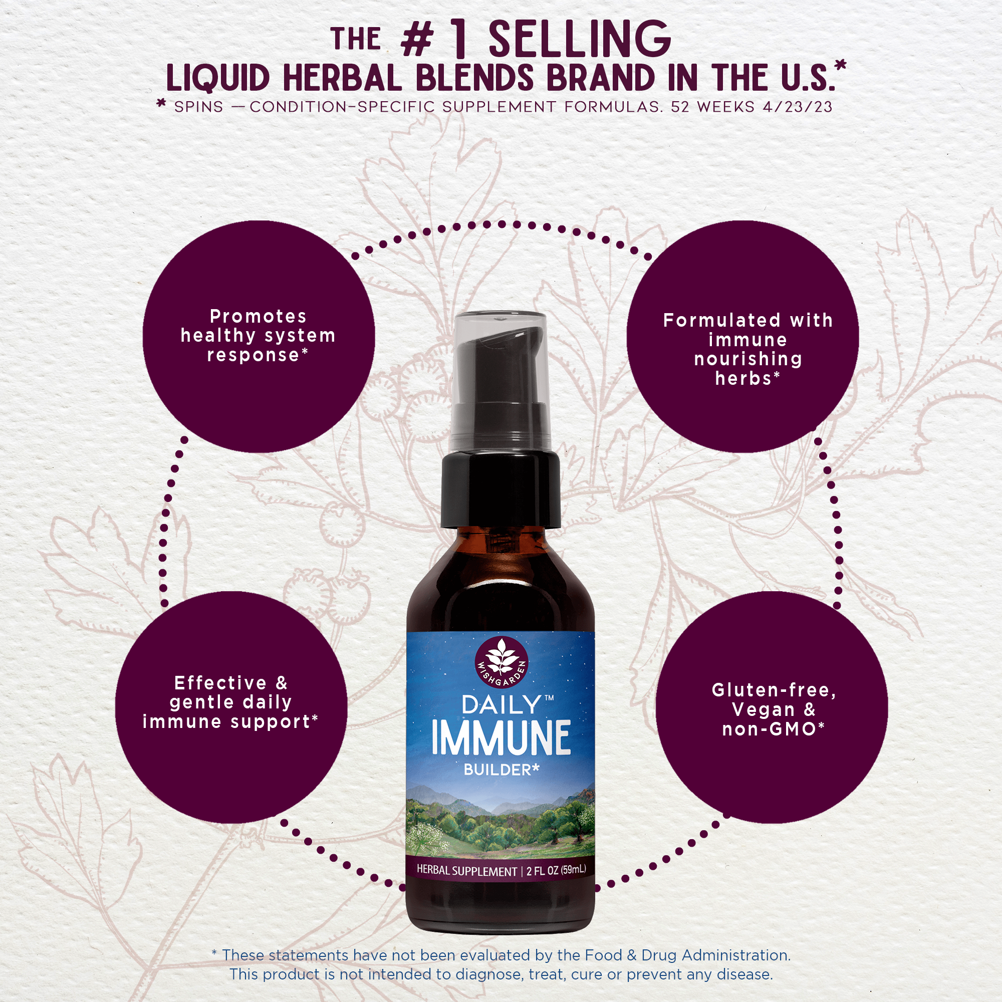 A brown glass bottle labeled Daily Immune Builder sits on a light background with leaf designs. Four text bubbles highlight daily immune support, healthy system response, nourishing elderberry herbs, and gluten-free/vegan/non-GMO.