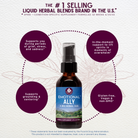 A bottle of Emotional Ally: A Big Herbal Hug is centered, surrounded by benefits: supports during grief, stress, and sadness; offers immediate support; grounding; gluten-free, vegan, and non-GMO.