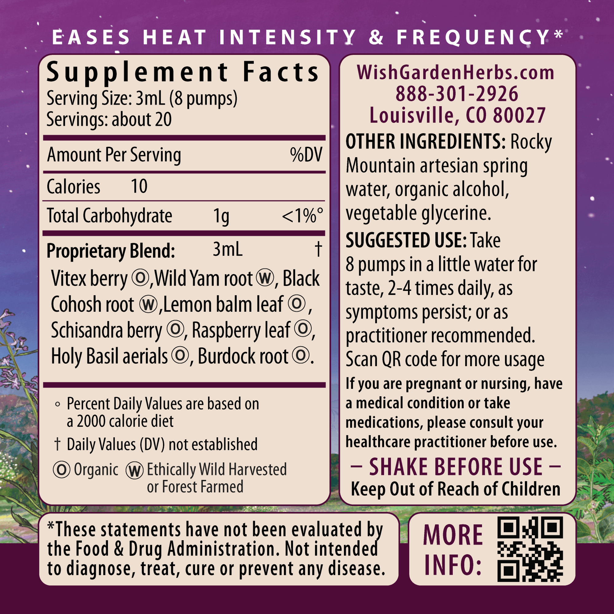Supplement facts label for Hot Flash Tamer, Daily Regulator by WishGarden Herbs. Includes ingredients, serving size, suggested use, menopause caution, QR code, contact info, an FDA disclaimer, and features a pink and purple design.