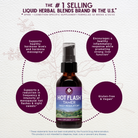 A bottle of Hot Flash Tamer, Daily Regulator is centered on a light purple background, with four purple circles highlighting hot flash relief, hormone support, a healthy inflammatory response, and gluten-free benefits.
