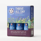The Thrive All Day 3-Pack includes three bottles—Deep Stress, Rise & Energize, and Sleepy Night—in a box with a vibrant floral and night sky design.