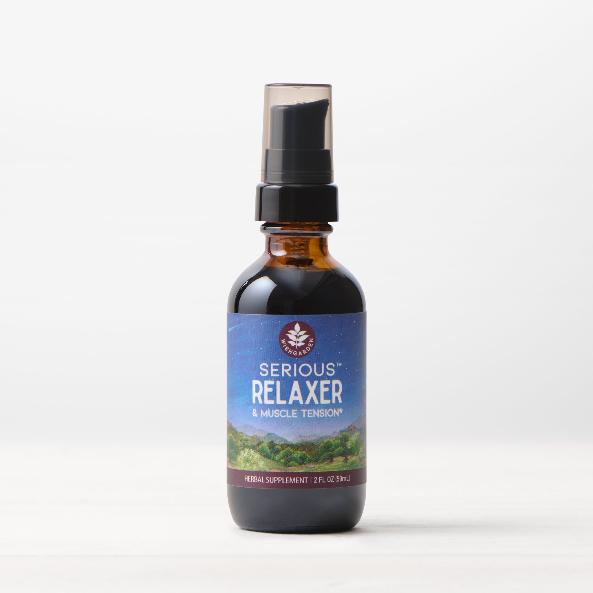 The Serious Relaxer & Muscle Tension herbal supplement comes in a brown glass bottle with a black pump cap, shown on a white surface with a plain light background—perfect for supporting stress relief and easing muscle tension.