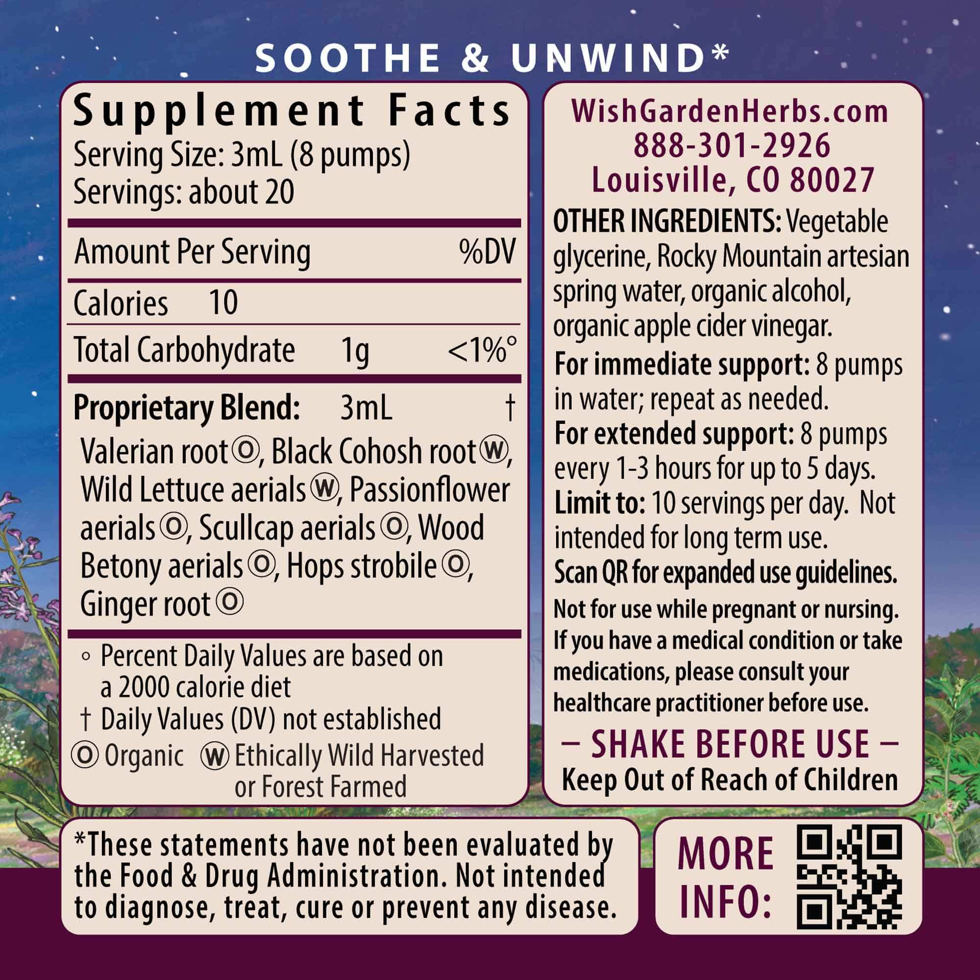 Supplement facts label for Serious Relaxer & Muscle Tension, showcasing stress and sleep support benefits. Includes ingredients, usage directions, manufacturer info, FDA disclaimer, a soothing purple-pink background, and QR code at bottom right.