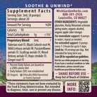 Supplement facts label for Serious Relaxer & Muscle Tension, showcasing stress and sleep support benefits. Includes ingredients, usage directions, manufacturer info, FDA disclaimer, a soothing purple-pink background, and QR code at bottom right.