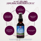 A bottle of Serious Relaxer & Muscle Tension appears on a purple background, with dotted lines linking it to circles highlighting its benefits: muscle tension relief, stress support, and healthy inflammatory response.