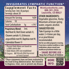 The supplement facts label for Lymph Mover, Immune Strength details ingredients, serving size, suggested use, company info, and disclaimers. It features a purple floral background and bold headings highlighting lymphatic and immune support.