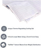 The Final Sale: Opulence Glacier Blanket | Cooling & Weighted is a white quilted blanket for adults with thermo-regulating gel, 8 duvet loops for cover attachment, and baffled texture for even weight distribution.