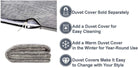 A folded, partially unzipped Opulence Glacier Blanket (Final Sale) is shown. Text and four icons highlight the duvet cover benefits: sold separately, easy to clean, for year-round use, and allows quick style changes.