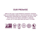 Text reads: OUR PROMISE followed by a description of using Rocky Mountain botanicals in Restorative Oil - Arnica, St. John's Wort & Calendula for wellness, plus icons for Non-GMO, Vegan, Gluten-Free, Ethically Sourced, Made in America, and Woman Owned.