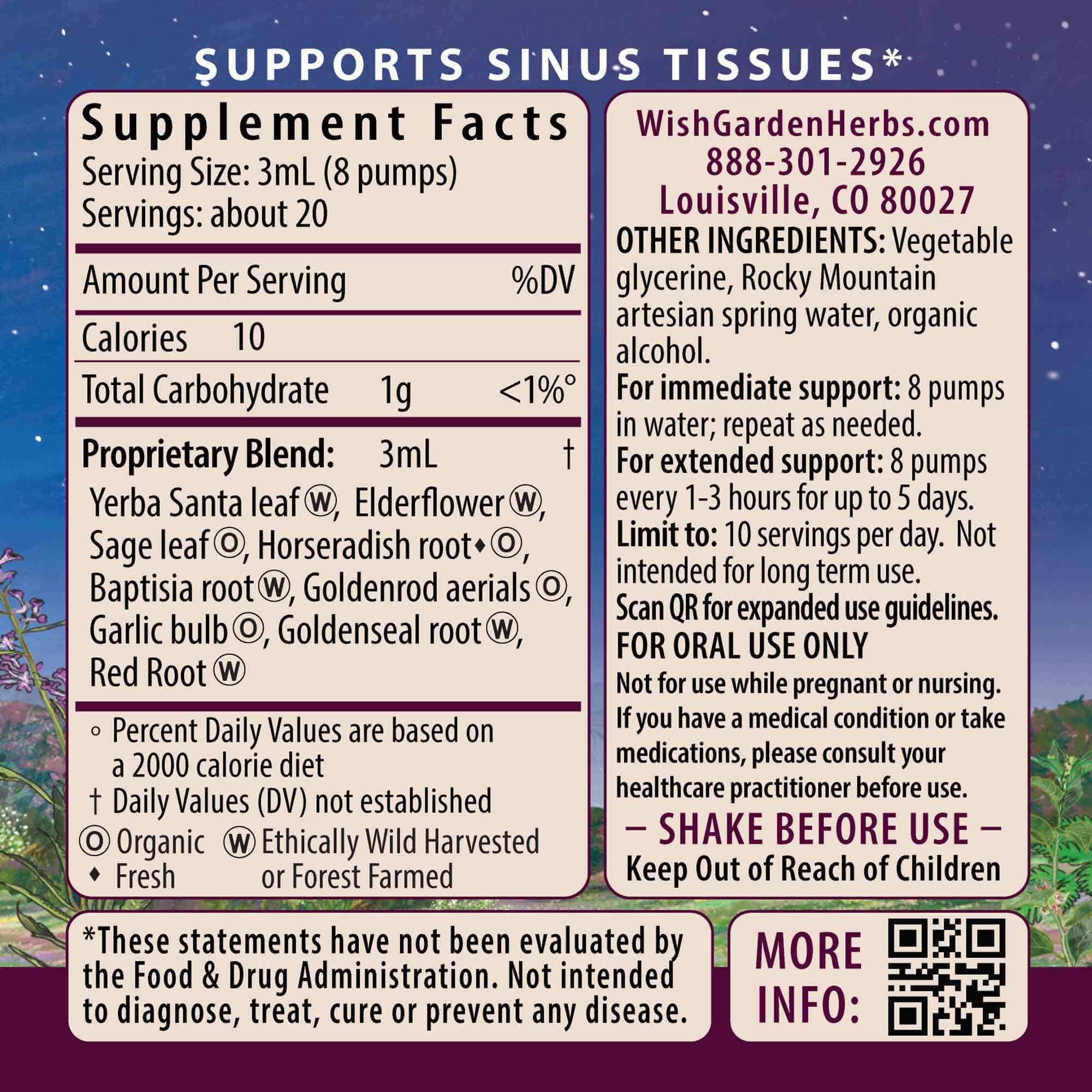 Supplement facts label for WishGarden Herbs’ Kick-Ass Sinus, Move & Soothe: serving size, ingredients, suggested use for upper respiratory support, cautions, company contact info, and FDA disclaimer. Purple and pink gradient stripes in background.