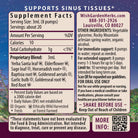 Supplement facts label for WishGarden Herbs’ Kick-Ass Sinus, Move & Soothe: serving size, ingredients, suggested use for upper respiratory support, cautions, company contact info, and FDA disclaimer. Purple and pink gradient stripes in background.