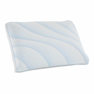 The Comfort Tech Dual Comfort Foam Pillow is rectangular, white with light blue curved stripes, and features textured fabric, shown on a white background.
