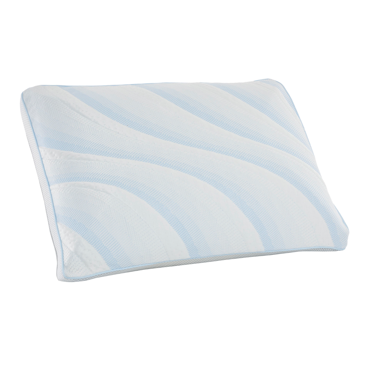 The Comfort Tech Dual Comfort Foam Pillow is rectangular, white with light blue curved stripes, and features textured fabric, shown on a white background.