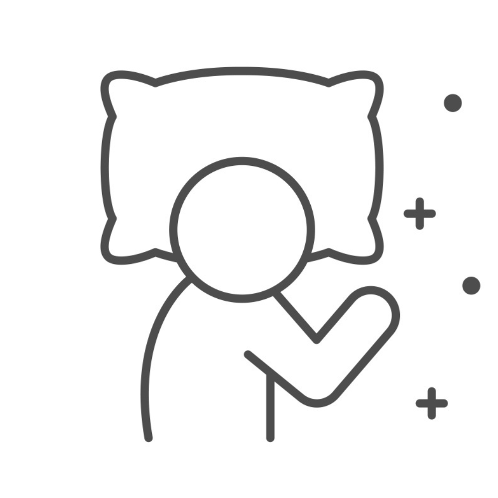 Simple line drawing of a person lying on their side with a pillow under their head, eyes closed, and symbols of plus signs and dots suggesting peaceful sleep.